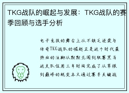 TKG战队的崛起与发展：TKG战队的赛季回顾与选手分析