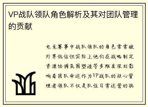 VP战队领队角色解析及其对团队管理的贡献