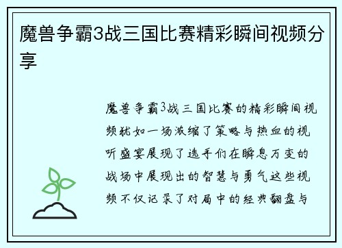 魔兽争霸3战三国比赛精彩瞬间视频分享