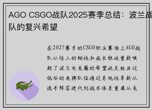 AGO CSGO战队2025赛季总结：波兰战队的复兴希望