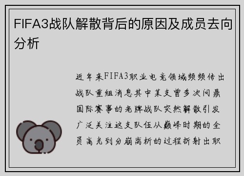 FIFA3战队解散背后的原因及成员去向分析